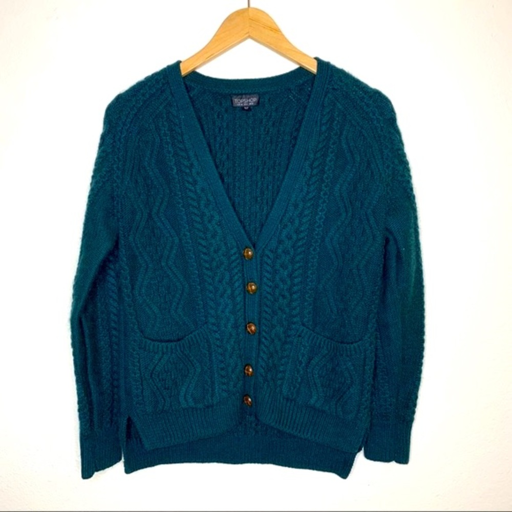 Topshop Green Cable Knit Button Up Cardigan V-Neck Sweater